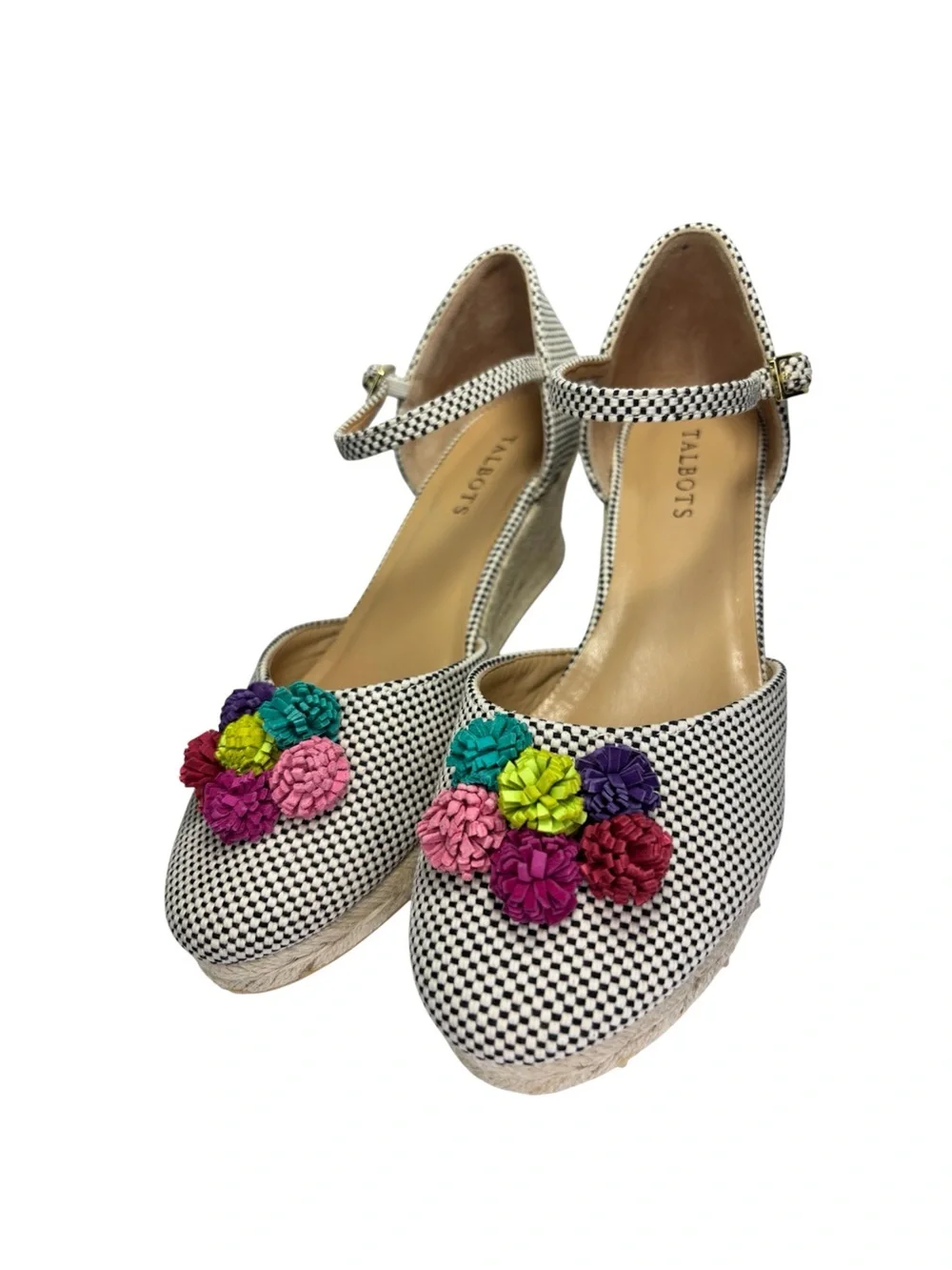 Talbots Black White Espadrille Wedge Shoes Colorful Pom Pom Ankle Strap 9